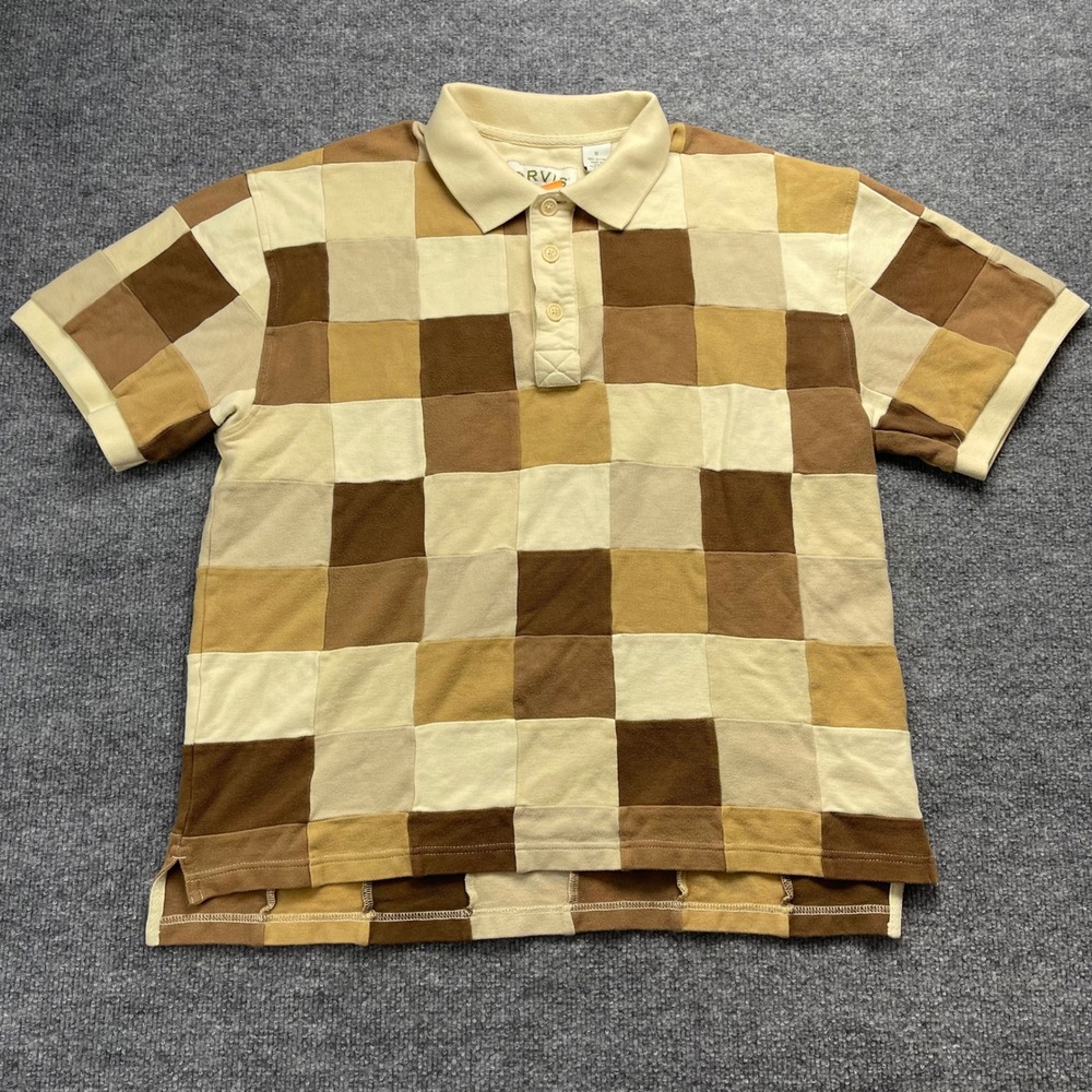 Orvis Mens Patchwork Polo Shirt Brown Tan Checkerboard Cotton Pique Size Medium